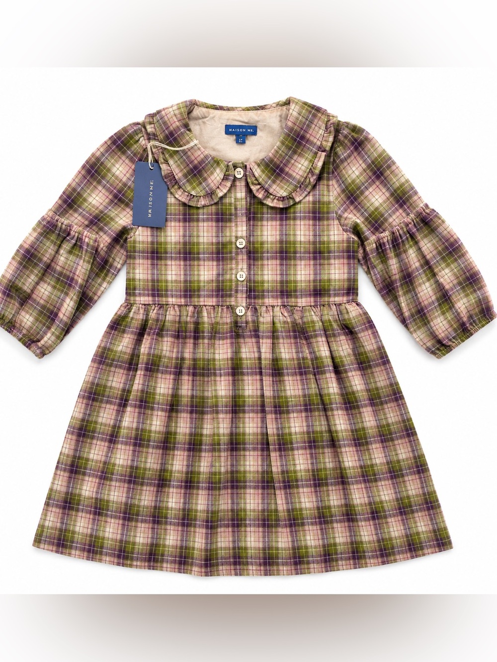 Maison Me Girls 8Y Plaid Ruffle Collar Fall Dress Pink Green NW